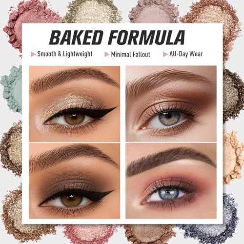 UCANBE Baked Eyeshadow Palette with 15PCS Brushes Makeup Set, 16 Color Natural Nude Matte Shimmer Metallic Eye Shadow Make Up Pallet for Women Girls, High Pigmented Long Lasting Waterproof