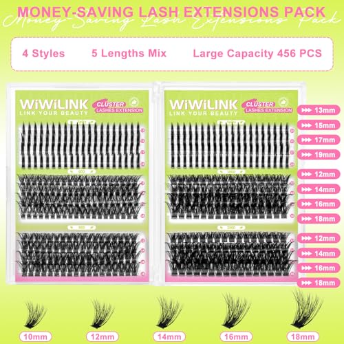 Lash Clusters Kit with Spikes Lashes Clusters Wispy 60D+80D+100D+200D Manga Eyelash Clusters D Curl 456PCS Cluster Eyelash Extensions Volume 12-18mm Individual Anime Lashes Kit Bond&Seal by WiWiLINK