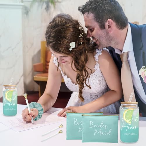 42 pcs Bridesmaid gifts bridesmaid proposal gifts, Maid of Honor Gifts contain 16oz Glass Cups Cosmetic Makeup Bags Invited Cards Scrunchies Hair Knotted Bracelets Diamond Pens love clip (Green)