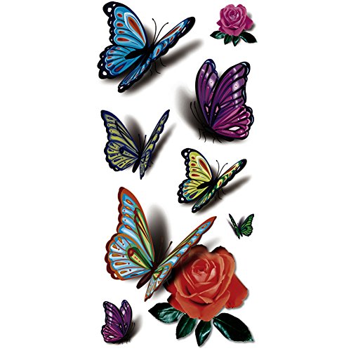TAFLY£¨TM£© 5 Sheets Waterproof 3d Blue Butterfly Rose Flower Sticker Tattoo Foil Decal Fashion Body Art Fake Tattoo