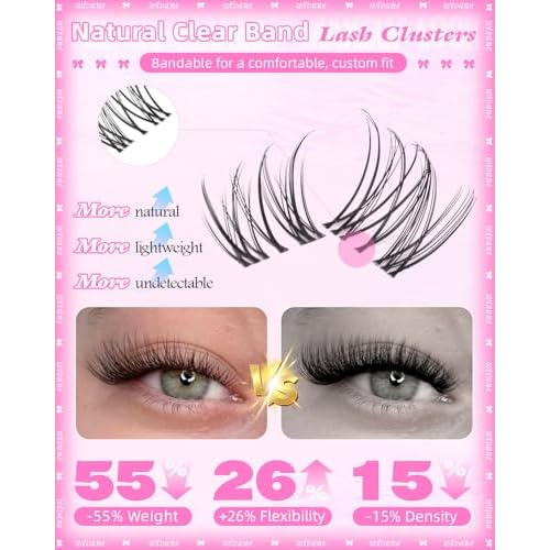 Wispy Lash Clusters Natural Cluster Eyelash Extensions 8-10mm Short Lash Extensions Invisible Band Clusters Lashes C-Curly Individual Lashes Natural Look Lash Extensions Soft Band Daily Wear
