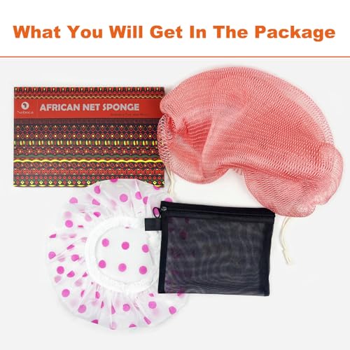 African Net Sponge Authentic African Exfoliating Net Sponge with Knots Real Sapo Sponge with Handles Afro Scrub Net Bath Cloth for Shower (Pink)