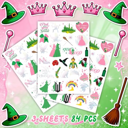 Witch Temporary Tattoos - Pink + Green 84 Pieces Foil Iridescent Design, For Good Wizard Party Favors, Birthday Witch Accessory, Kids Witch Themed Party Decorations, Party Favors