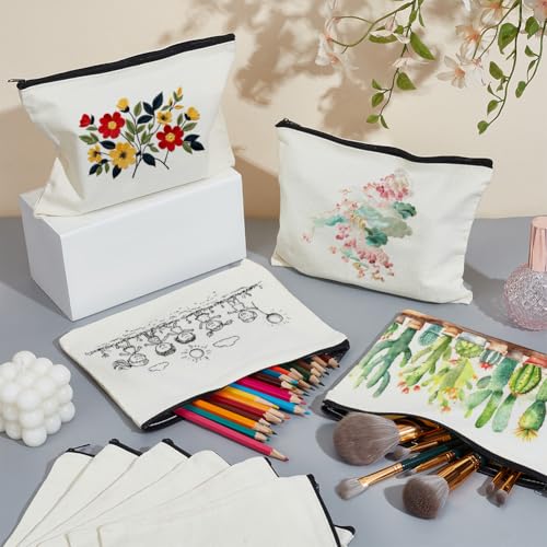 24 Pcs Canvas Blank Cosmetics Bags, 7.1 x 9.1 Inch Multi-purpose Cosmetic Bag with Zipper DIY Craft Canvas Zipper Pouch for Makeup Travel Stationary Storage, Beige