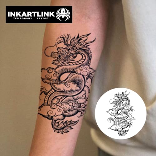 INKARTLINK Tattoo Tech,2 Sheets Extra-Large Semi Permanent Tattoo,Adult Art Design Temporary Tattoos, Lasts 1-2 Weeks, Waterproof, Realistic look, No Adhesive, No reflection (Dragon Design£©