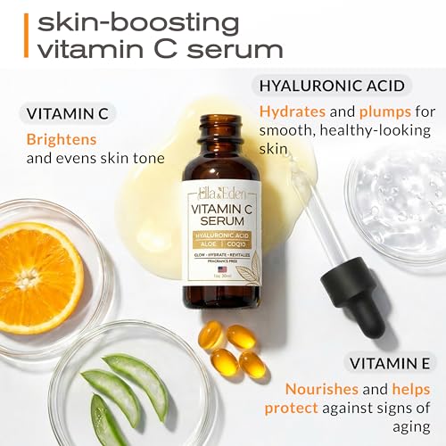 Ella & Eden Vitamin C Serum for Face - Hyaluronic Acid, Aloe Vera, Vitamin E, CoQ10 - Anti-aging, Skin Brightening - Paraben-Free, Fragrance-Free, Suitable for All Skin Types - 1 Fl Oz