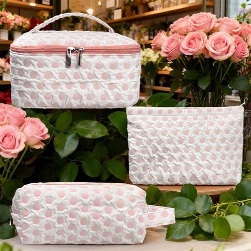 3-Pack Large Capacity Cosmetic Bag Set, Water-Resistant Makeup Organizer with Leak-Proof Design, Travel Toiletry Bag with Polka Dot Pattern for Women, Home & Travel