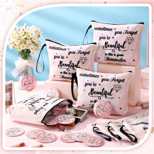 Xuniea 24 Pcs Employee Appreciation Gifts for Women 12 Motivation Canvas Makeup Bags 12 Pocket Mirror Inspirational Thank You Gifts for Women History Social Worker Month Nurse Team(Beautiful)