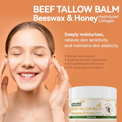 Beef Tallow Moisturizer for Skin, Grass Fed Beef Tallow for Face and Bady with Organic Raw Honey and Beeswax, Tallow and Honey Balm for Deep Nourishment Dry Skin (60ml/2.1fl.oz)
