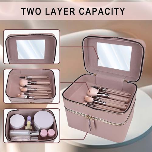 Hard Shell Double Layer Makeup Train Case with Mirror, Large Capacity Travel Cosmetic Organizer, Water-Resistant PU Leather Toiletry Bag for Women