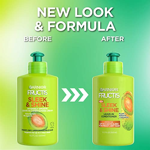 Garnier Fructis Sleek & Shine Leave-In Conditioning Cream for Frizzy, Dry Hair, Plant Keratin + Argan Oil, 10.2 Fl Oz, 1 Count (Packaging May Vary) (Pack of 2)