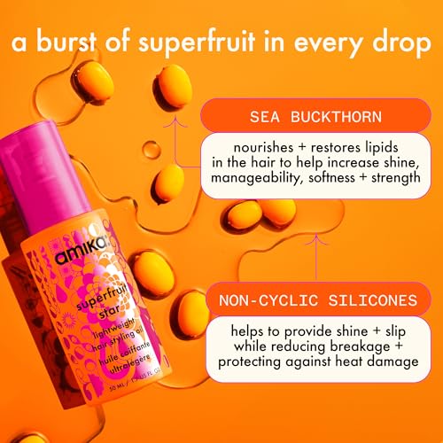 amika superfruit star lightweight hair styling + heat defense oil | heat protection, strengthen + reduce breakage, smooth frizz, add glossy shine | for all hair types