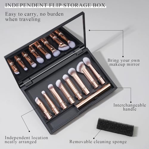 BEILI Travel Eye Makeup Brushes Set 8pcs Removable Double Sided Makeup Brush with Mirror Box & Removal Cleaner Sponge (Rose Gold)