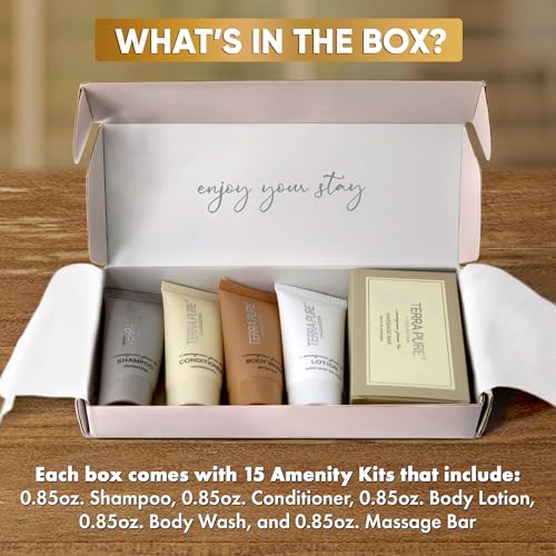 Terra Pure Spa Collection Amenity Kit | Hotel Bulk Toiletries | 0.85 oz Shampoo, Conditioner, Lotion, Body Wash, Massage Bar for Guest Hospitality Vacation Rentals | 15 Sets/Case