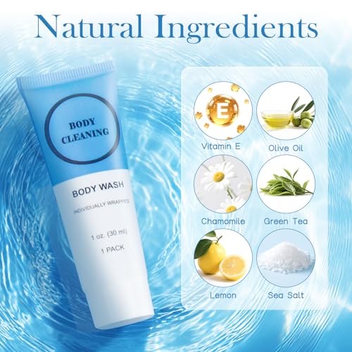 Travel Size Body Wash, Individually Wrapped Bulk 1 oz/30 ml Mini Shower Gel Set Trial Sample Small Single Use Toiletries Amenities Kit for Men & Women for Hotel/Camping/Vacation/Homeless (30 Pack)