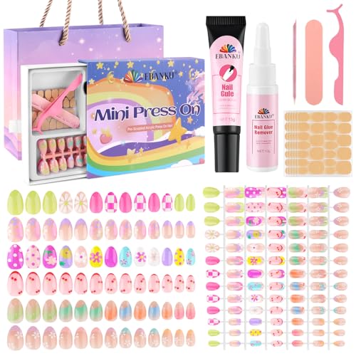 EBANKU 156 Pcs Press on Nail Kids Gift Box, 6 Pack French Flower Kid Flase Nails Kit with Nail Glue Set Fake Nail for Girls 5-10 Years Christmas Gift Set