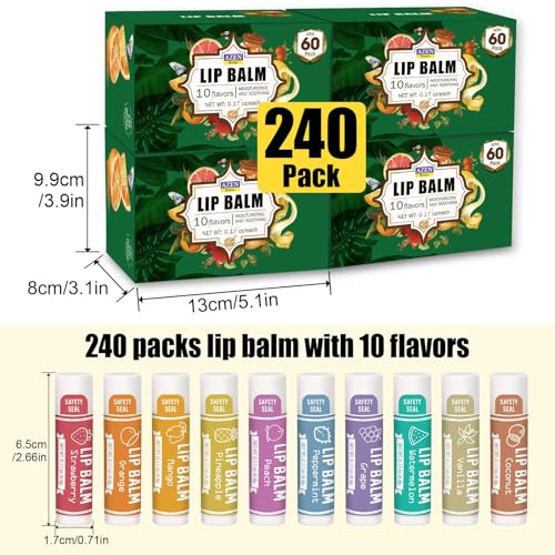 AZEN 240 Pack Lip Balm, Natural Lip Balm Bulk, Lip Care Product, Moisturizing Lip Balms for dry cracked lips, Valentines Gifts Easter Basket Stuffers - 10 Flavors