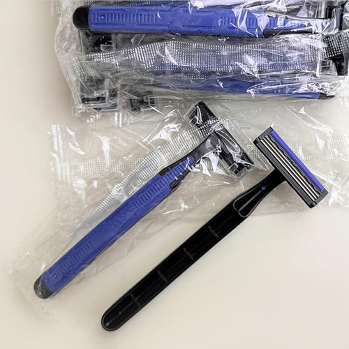 Individually Wrapped 3 Blades Razors Bulk, Travel Size Disposable Manual Razors with Stainless Steel Blade (Blue) (100)