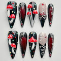 Luxury Press on Nails Long Stiletto Handmade 3D Unique Reusable ABS Material Fake Nails Black False Nails with Designs Mushroom Polka Dots Rhinestones Glossy Glue on Nail Thick Acrylic Nail(S)