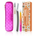 Women's Dermaplane Face & Eyebrow Razor Kit with GlamTweeler Slant Tweezers, Spoolie Brush, and Luxury Leather Storage & Travel Case + 10 Refill Blades (Black)