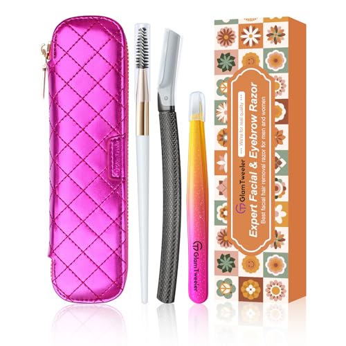 Women's Dermaplane Face & Eyebrow Razor Kit with GlamTweeler Slant Tweezers, Spoolie Brush, and Luxury Leather Storage & Travel Case + 10 Refill Blades (Black)