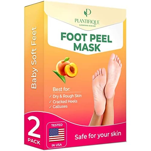 PLANTIFIQUE Foot Peel Mask with Peach 2 Pack and Hydrating Foot Mask for Dry & Cracked Feet