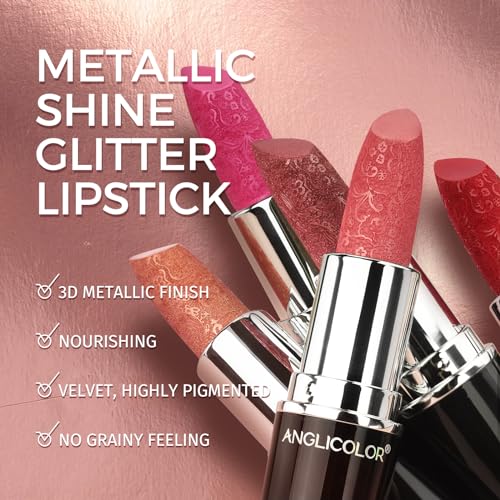 Anglicolor Glitter Metallic Nude Pink Lipstick,High Impact Lipcolor,Lightweight Hydrating Formula Smooth and Non-Sticky,Lipstick For Women,Full-Coverage Lip Makeup(07 PURE ENVY, 4g)