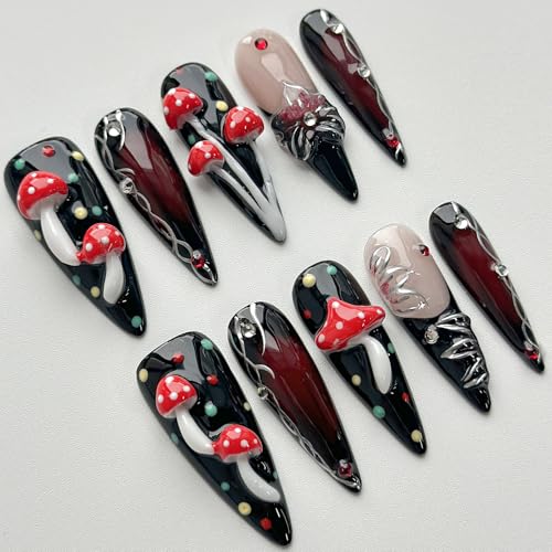 Luxury Press on Nails Long Stiletto Handmade 3D Unique Reusable ABS Material Fake Nails Black False Nails with Designs Mushroom Polka Dots Rhinestones Glossy Glue on Nail Thick Acrylic Nail(S)