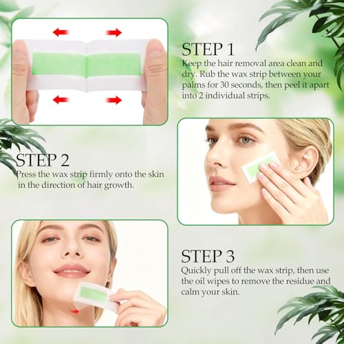 Facial Wax Strips for Hair Removal, Wax Strips for Face, 60PCS Hair Removal Waxing + 3 Calming Oil Wipe, Upper Lip, Chin, Eyebrow, Armpit, Bikini Line, Face Waxing Kit for Women, Long-Lasting Results