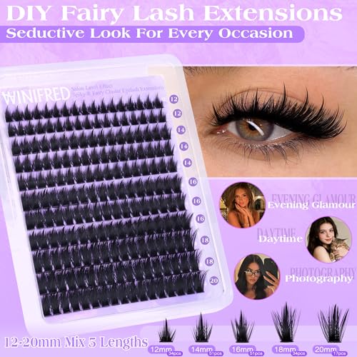 Winifred Lash Clusters Fairy Cluster Eyelash Extensions Dramatic Lash Clusters with spikes Voluminous Eyelashes Thick Eyelash Cluster D Curve 12-20mm 187pcs Individual Lashes DIY Lashes