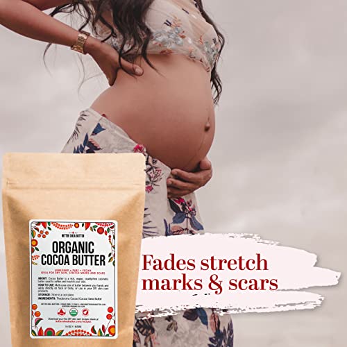 Organic Cocoa Butter Raw Unrefined, Food Grade USDA Certified Organic, for Scars, Stretch Marks Cream, Body Butter, Lip Balm and Lotion Bars, 100% Pure 1 lb Block