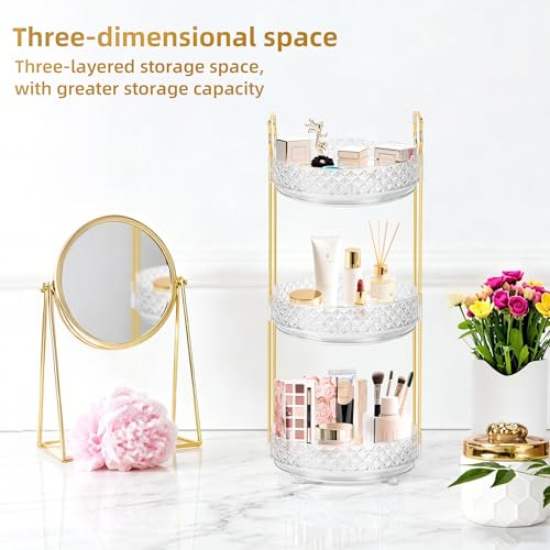 360 Rotating Rotating Makeup Organizer for Vanity, 3 Tier Perfume Skincare Organizers and Storage for Bathroom Countertop, Clear Spinning Counter Cosmetic Holder for Dresser,Clear