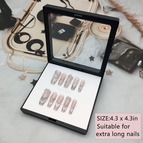 Press On Nail Packaging Boxes - 3D Floating Storage and Display Box With 60pcs Double Sided Adhesive Tape for Nail Tech (Black, 4.3 Inch)