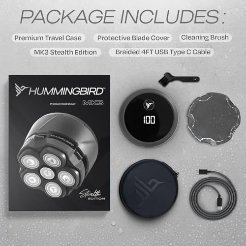 HUMMINGBIRD MK3 Stealth Edition Electric Head Shaver - 6 Blade Electric Razors for Men, Cordless USB-C Rechargeable Waterproof Head Shaver with One Additional Magnetic Replacement Blade