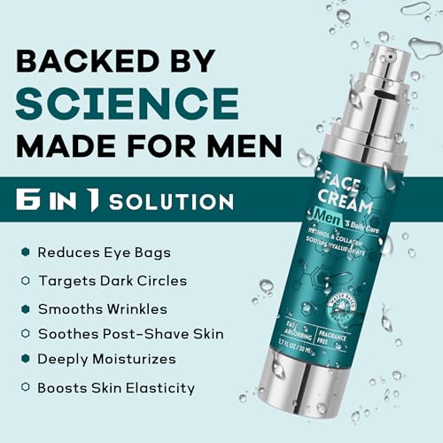 6-in-1 Face Cream for Men: Hydrating Water Based Men Face Moisturizer with Retinol, Collagen, Sodium Hyaluronate - Mens Anti Aging Face Cream for Day and Night Use (1.7 Fl Oz (Pack of 1))