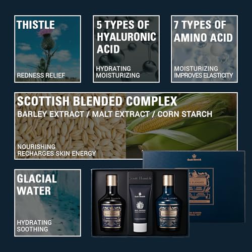 Scott Hamish Blue Blended Set - Skincare Set for Men with Face Wash, Face Toner & Facial Emulsion ? Intensive Moisturizing and Conditioning Aftershave Kit Enriched - Bergamot & Musky Scent