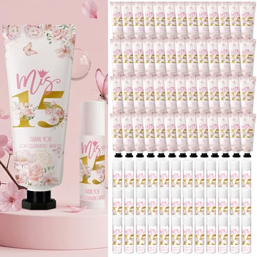 Leelosp 100 Pcs/50 Sets Quinceanera Party Favor Gifts for Guests 15th Thank You Gifts Girl Pink Hand Cream and Lip Balm Sweet 15th Birthday Party Favors for Guests