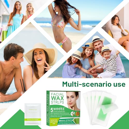 Wax Strips for Face - 98% Natural Formula for Sensitive Skin, Facial Hair Removal for Women - Gently and Quickly Removes Hair from Eyebrows, Lips, Body, Legs, and Bikini Line- Hypoallergenic