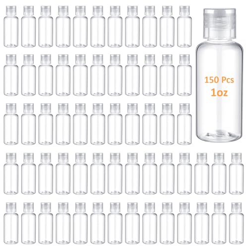 Mimorou 150 Pcs 1oz Travel Bottles Bulk for Toiletries Clear Small Travel Size Bottles Bulk Refillable Empty Containers for Shampoo Lotion Liquid Body Soap Cream Toiletries