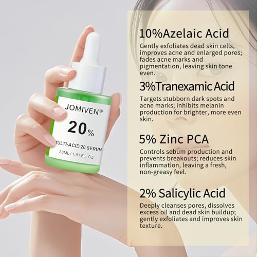 Multi-Acid 20% Serum ? 10% Azelaic Acid + 3% Tranexamic Acid + 5% Zinc PCA + 2% Salicylic Acid,Helps Reduce Breakouts & Supports Skin Recovery,For Uneven & Acne-Prone Skin