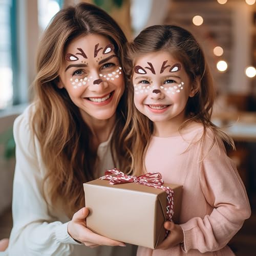 Christmas Reindeer Face Tattoos Glitter Temporary Tattoo Cute Deer Fake Tattoos Eyes Face Gems Stickers for Women Girls Christmas Halloween Holiday Party Supplies 2Pcs