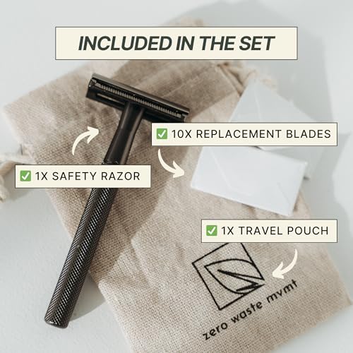 Single Blade Safety Razor for Men & Women (Onyx) Premium Aluminum Handle, Reusable & Plastic-Free ? Smooth, Close Shave with Less Irritation ? Includes 10x Blades & Travel Bag - Onyx