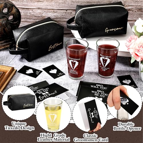 Amylove 7 Sets Groomsmen Gifts Set Wedding Proposal Gift 16 oz Beer Glass Cup Toiletry Bag and Bottle Opener Cap for Best Man PU Leather Cosmetic Bags with Zipper Greeting Card for Wedding(Black)