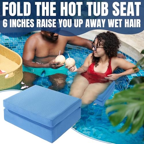 MABOZOO Foldable Hot Tub Booster Seat, Adjuatable 2 Heights Extra Thick Hot Tub Pillow Bath Seat with Back Support Cushions, Washable Hot Tub Seat Cushion for Indoor Outdoor (Blue)