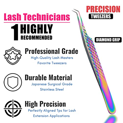 My Lash Tools Fiber Tip Lash Tweezers for Eyelash Extension Curved 45 Degree Angled Tweezer Best for Volume, Individual Isolation & Classic Lashes Stainless Steel Lash Supplies (Rainbow)