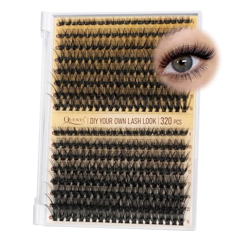 QUEWEL Lash Clusters 320Pcs Cluster Lashes 35D+45D D Curl Lash Cluster Eyelash Extensions Mix9-16mm Individual Eyelashes Clusters Wispy Lash Clusters Thin Band Soft to Use at Home(35D+45D D Mix9-16)