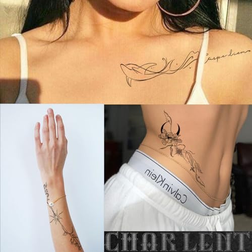 Temporary Tattoos for Women Girls - 45 Pcs Line Flower Words Sketch Realistic Long Last Fake Tattoos Waterproof Minimal Line Art Tattoos for Arm Backbone Leg Body