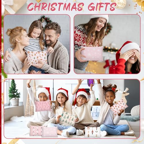 12 Pcs Christmas Makeup Bags Christmas Canvas Cosmetic Bags Bulk 9 x 6 Inches Pencil Pouch with Zipper Travel Toiletry Pouch for Women Winter Holiday Xmas Party Favor Gift(Cute Pink)