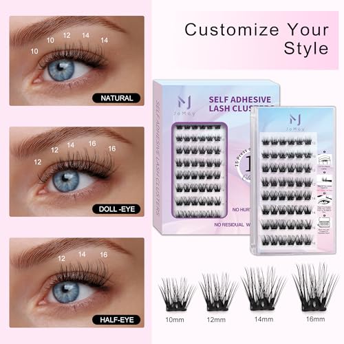 JoMay Self Adhesive Eyelashes, Press on Lashes No Glue Needed, Glueless Lashes Pre-Glued Natural Cluster Extension Kit D Curl For Beginners, No Sticky Residue 1 Step DIY 48PCS 10-16mm X03