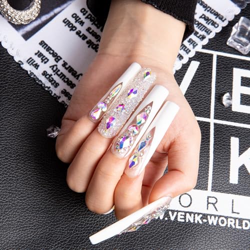 LOVFUL Press on Nails Candy Diamonds & White French Tip | Luxury Spring French Tip Glossy Press On Nails with Bling | Square Long 2.2 in | H36 (L)